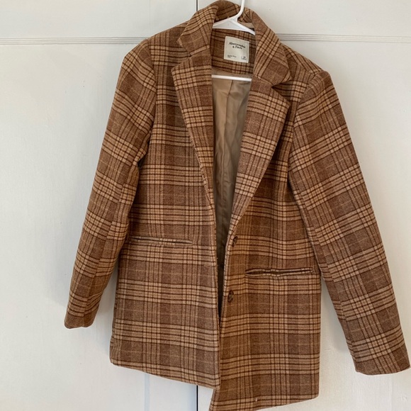 Abercrombie blazer coat, XS (fits like a small) tan/pink plaid - Picture 1 of 4